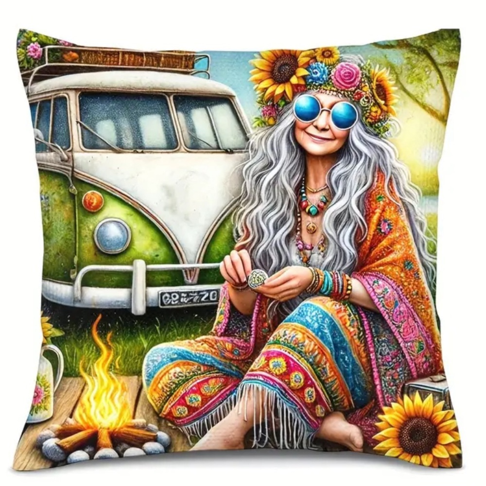 Hippie Boho Grandma VW Bus Pillow Cover RV Camper Gift Decor Design On Both Side